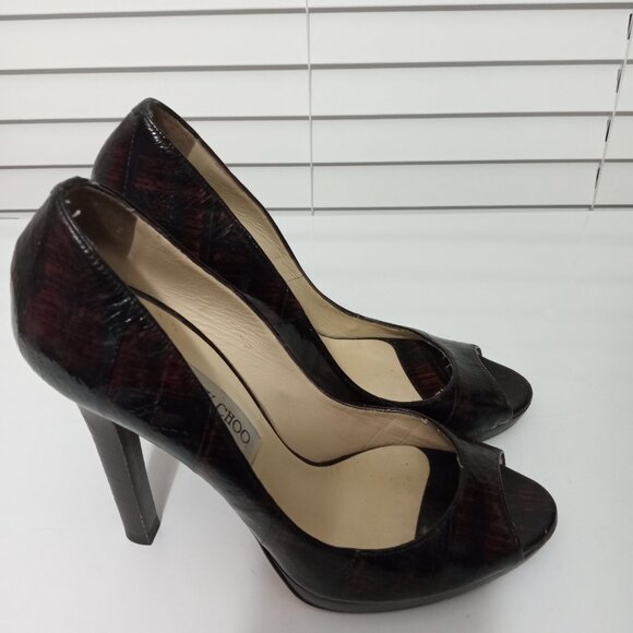 Jimmy Choo Shoes - Jimmy Choo Black and Dark Red Peep-Toe High Heels